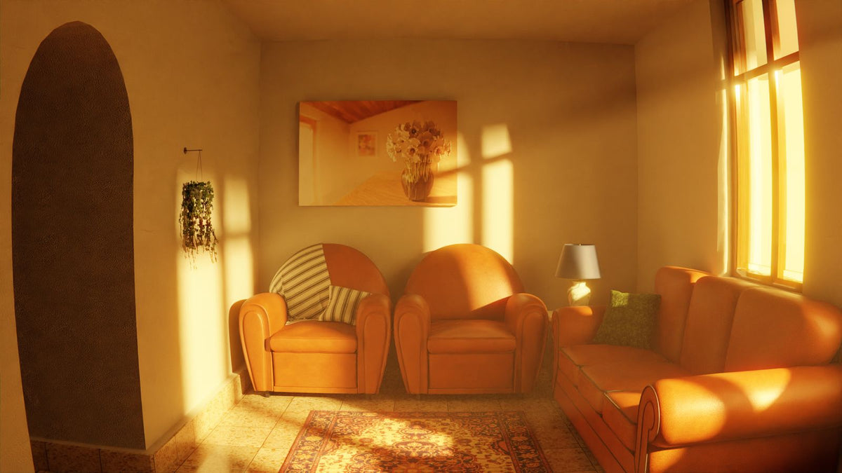 Salon chaleureux baigné d'une lumière dorée proche du 3000K