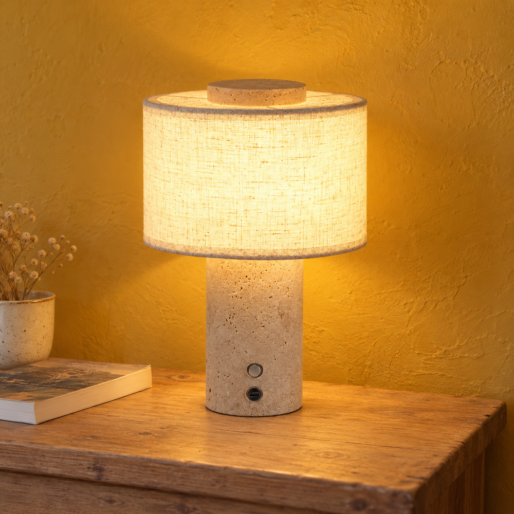 Lampe de chevet sans fil en travertin et lin