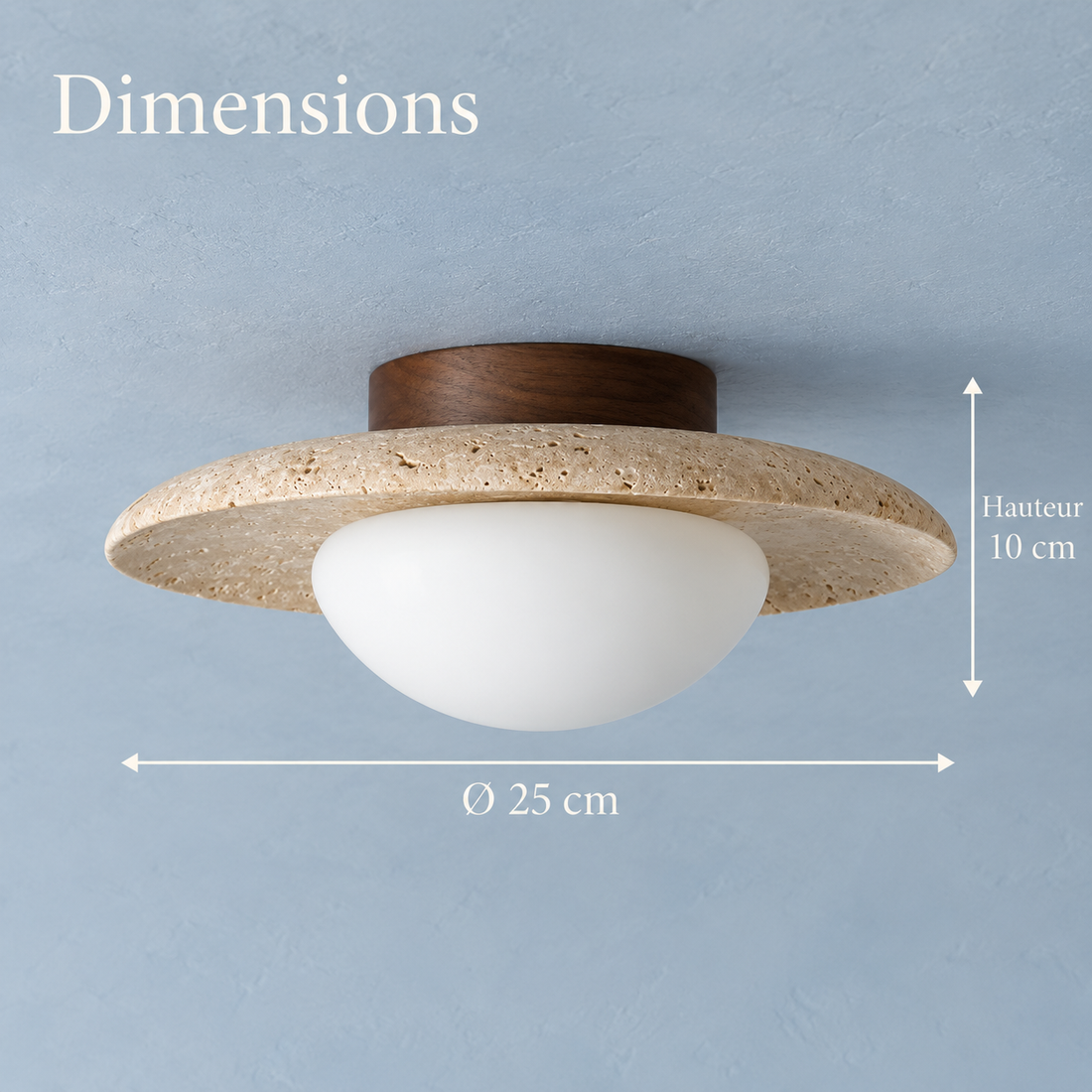 Plafonnier en travertin et bois, globe opalin