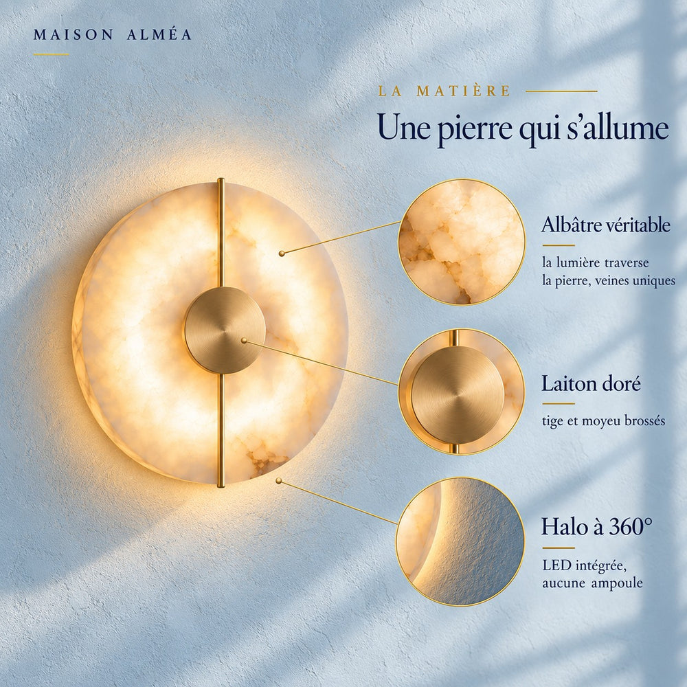 Applique murale chambre en marbre, pierre naturelle, blanc albâtre - alba la matiere albatre et laiton dore #or