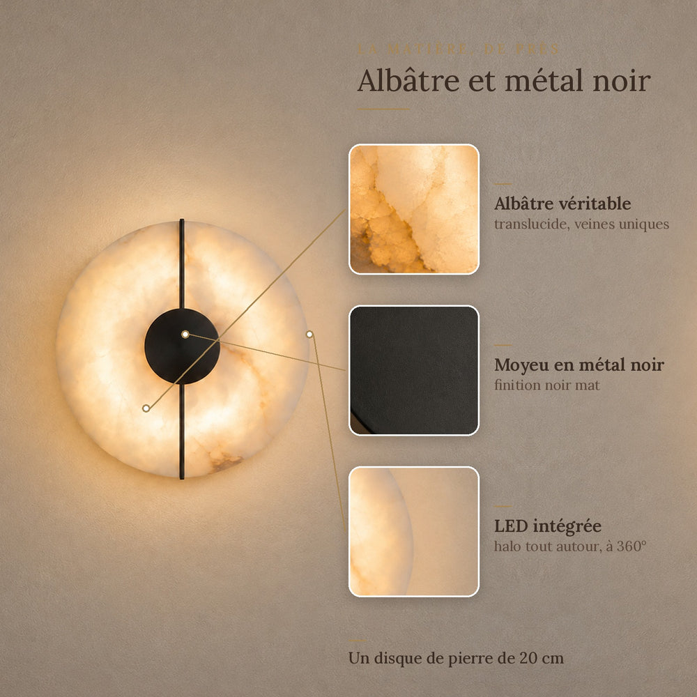 Applique murale chambre en marbre, pierre naturelle, blanc albâtre - alba matiere albatre metal noir #noir