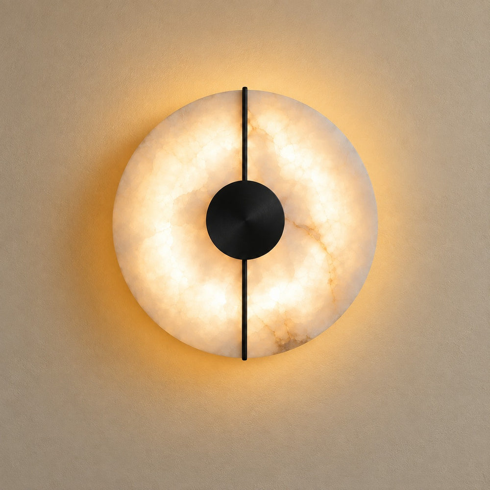 Applique murale chambre en marbre, pierre naturelle, blanc albâtre - applique albatre noire allumee vue de face #noir