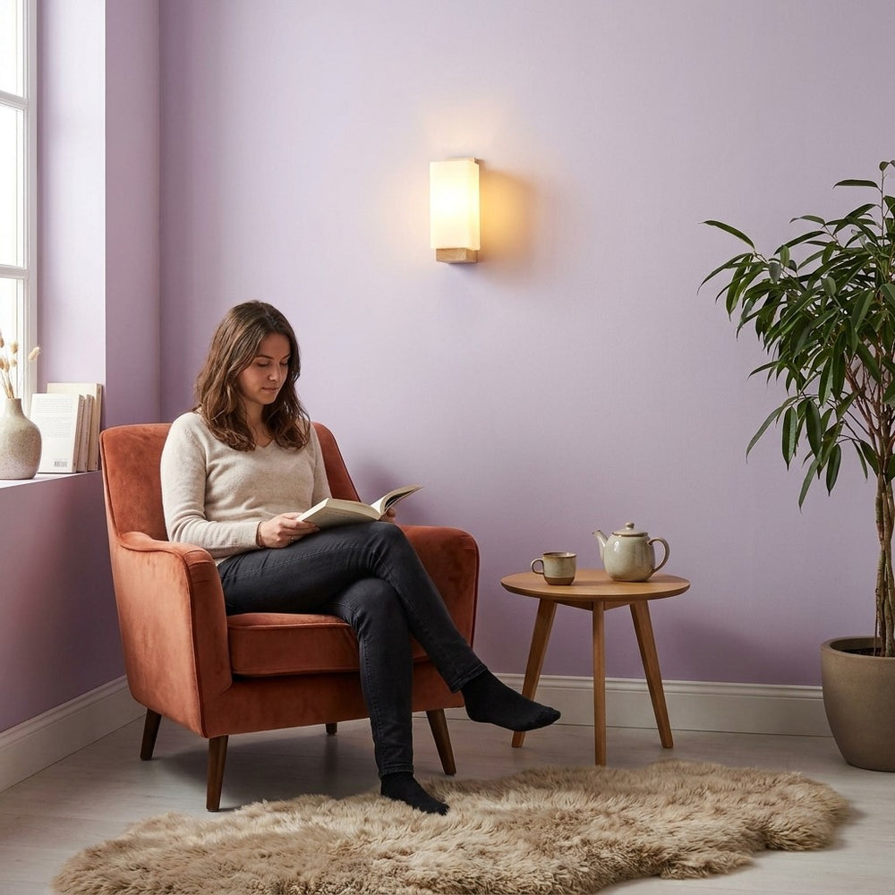 Applique murale salon en bois, moderne, douille E27 - bois carre 04 coin lecture lilas #carre