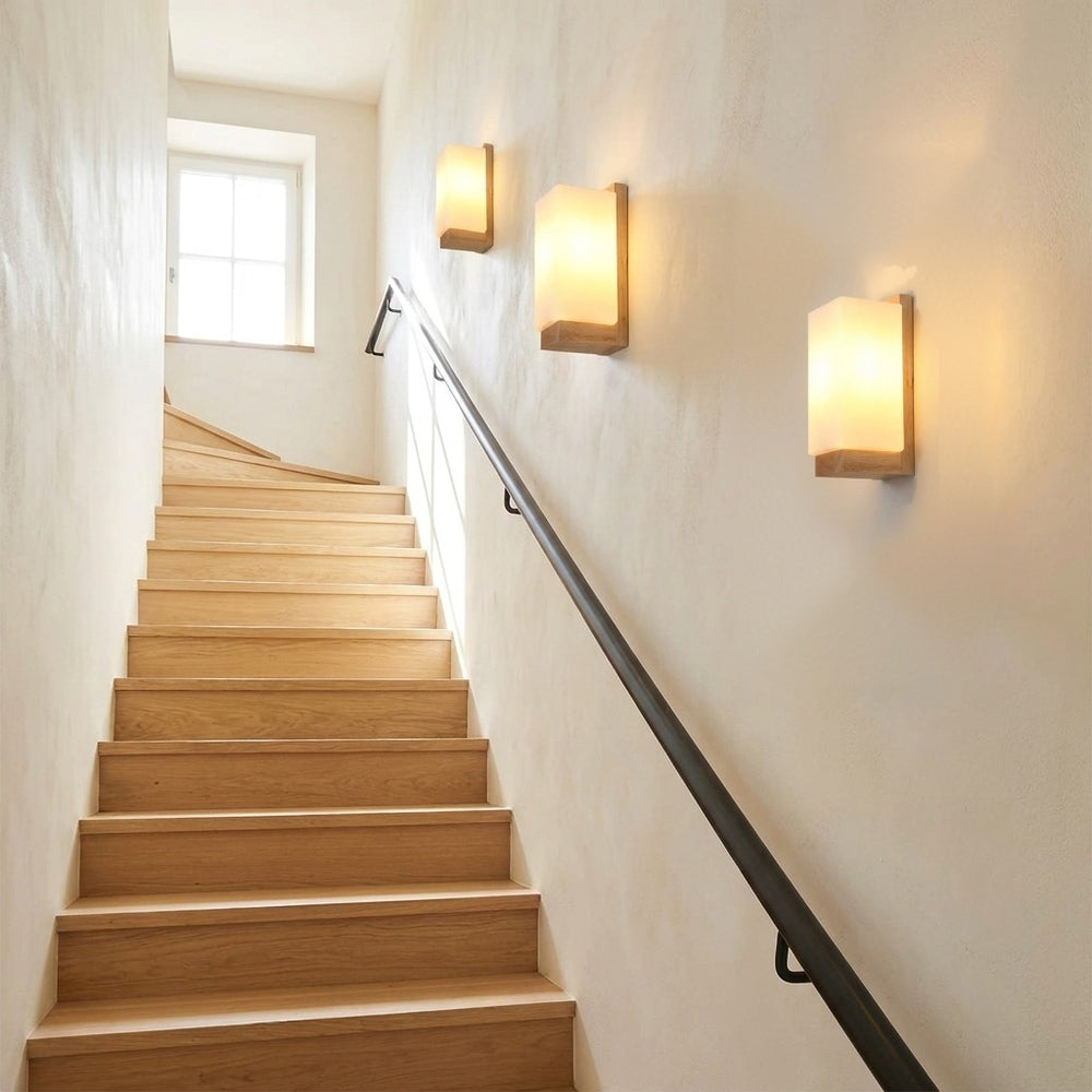 Applique murale salon en bois, moderne, douille E27 - bois carre 08 cage d escalier #carre