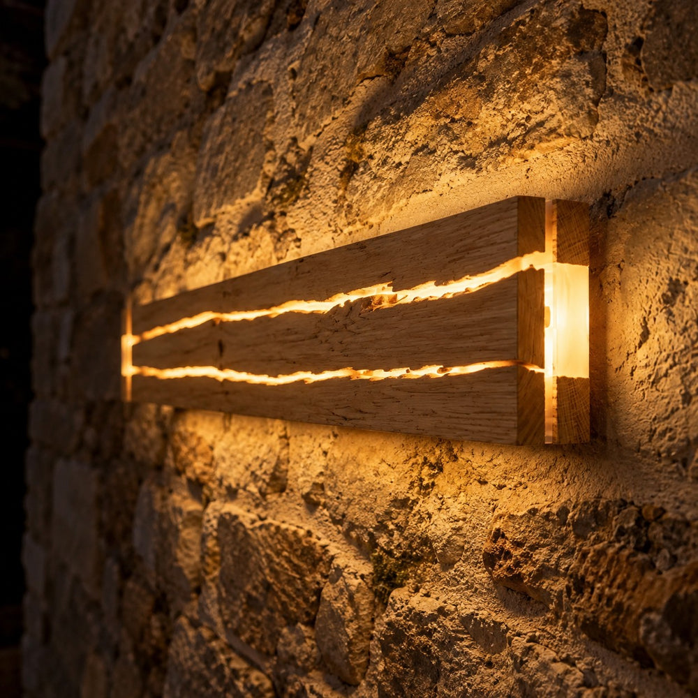 Applique murale salon en bois LED, style nordique - bois craquele vic 08 nuit vieille pierre