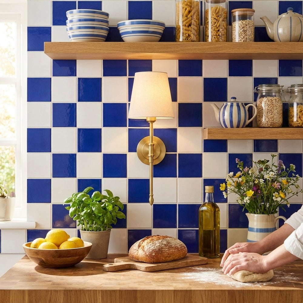 Applique murale chambre abat-jour tissu doré, style campagne - campagne cuisine carreaux bleus