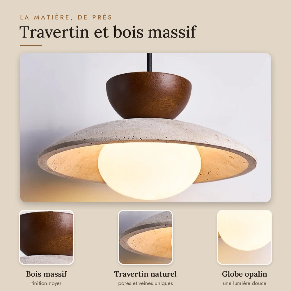 Suspension disque en travertin et bois, salle à manger, Ø 21 cm - disque 03 matiere de pres #noyer
