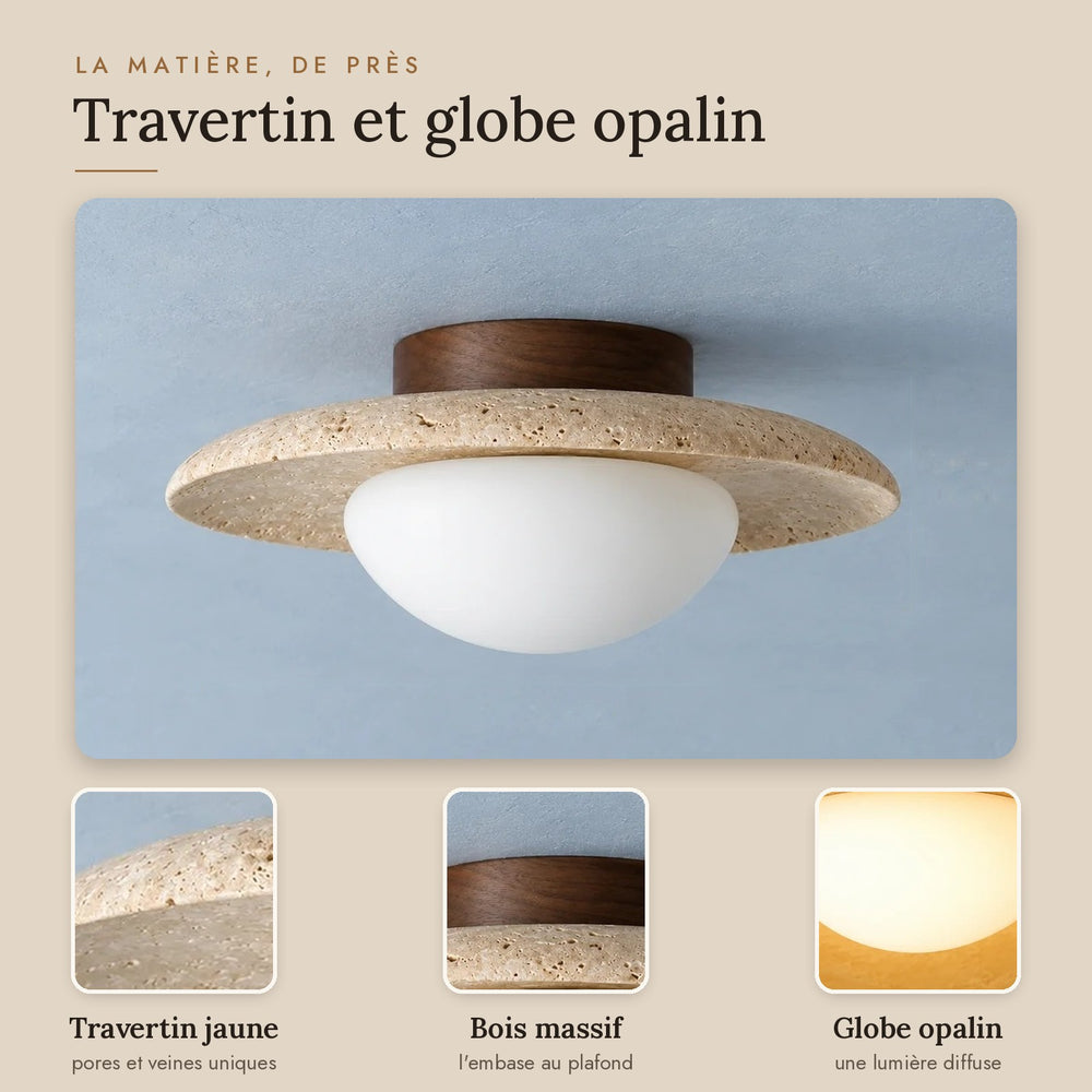 Plafonnier en travertin et bois, globe opalin, la matière de près