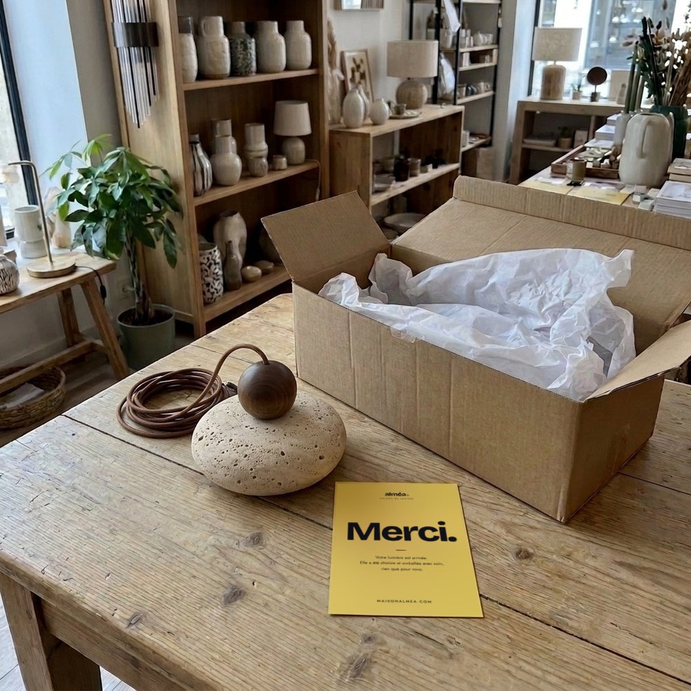 Suspension japonaise en travertin, déballée sur la table de la boutique avec la carte Merci