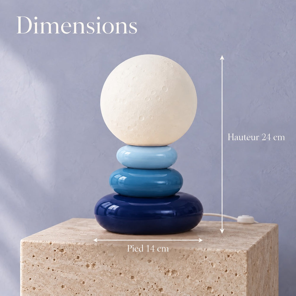 Lampe à poser galets empilés en céramique bleue, globe effet lune #bleu