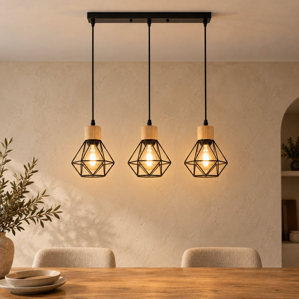 Kronleuchter Wohnzimmer 3-flammig, schwarzes Eisen, Diamantform, Fassung E27