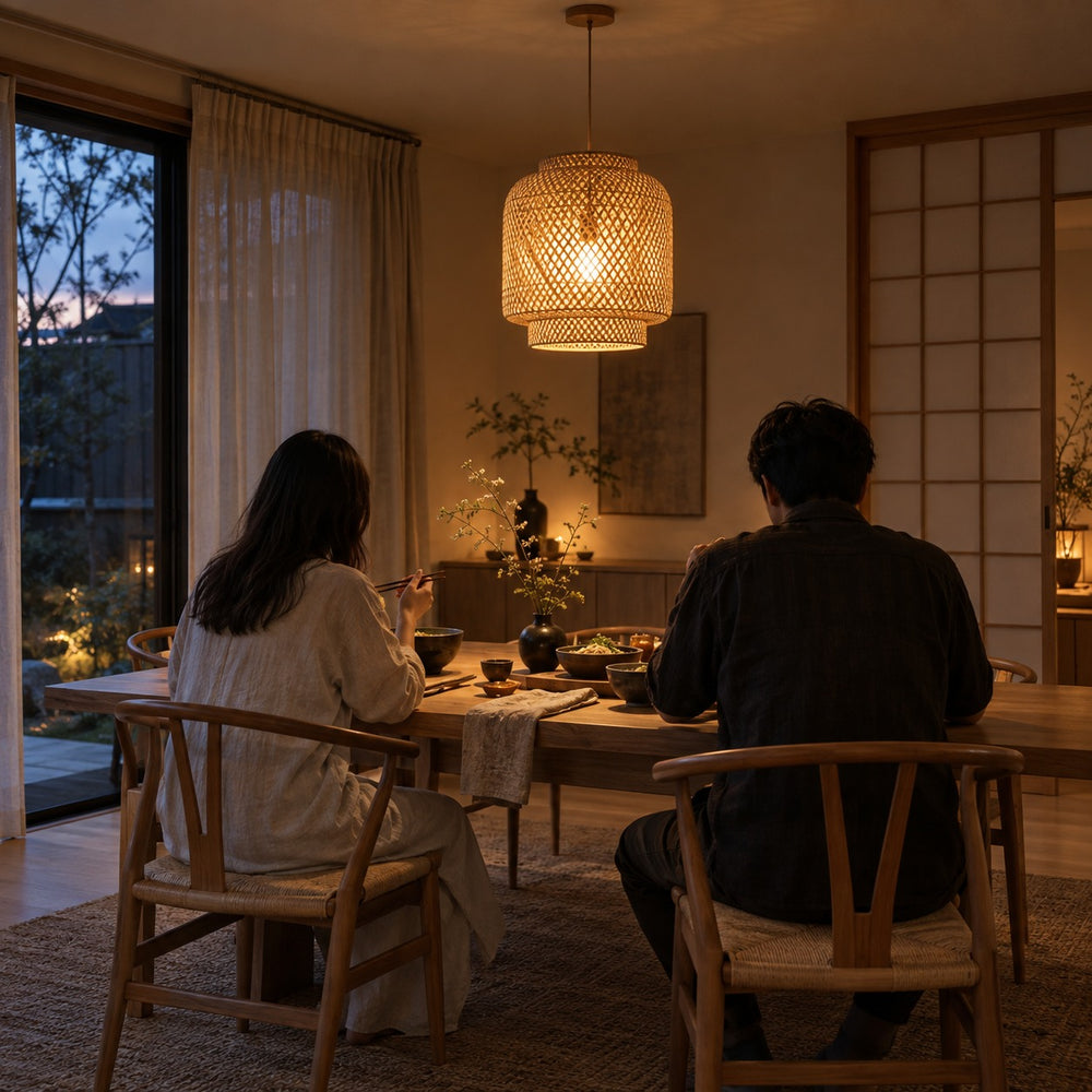 Plafonnier rotin et bambou tissé main, salon, Ø 30 cm - plafonnier bambou salle a manger japandi