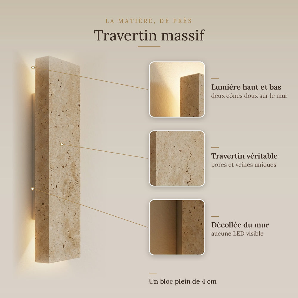Applique murale intérieur et extérieur, travertin, LED 18 W - sol matiere travertin massif