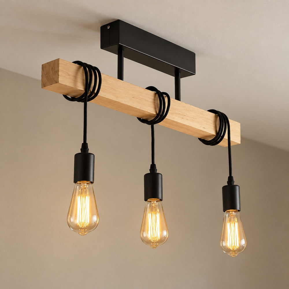 Suspension industrielle salon en bois, rectangulaire, douille E27 - suspension bois industrielle vue de cote
