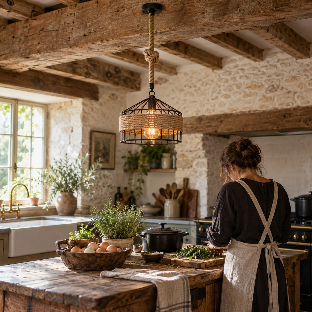 Suspension salon corde et métal noir, style industriel Ø 30 cm - suspension grange cuisine poutres apparentes