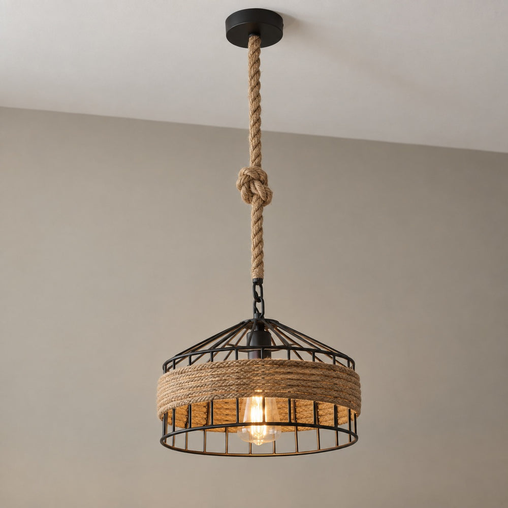 Suspension salon corde et métal noir, style industriel Ø 30 cm - suspension grange vue de cote