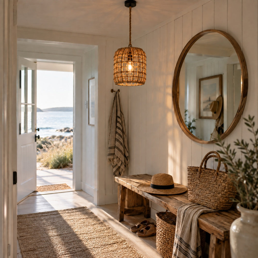 Suspension salon rotin tressé, vintage, douille E27 - suspension rotin entree maison de bord de mer