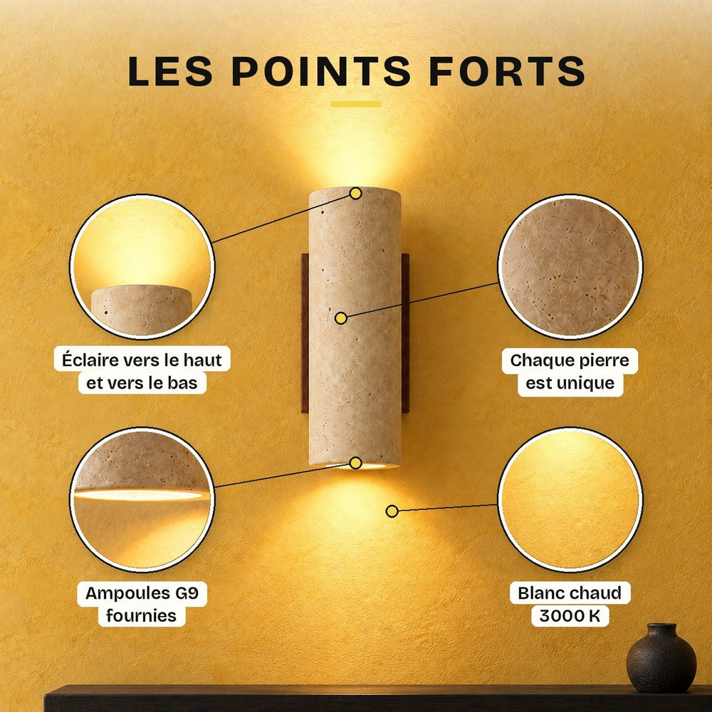 Applique murale chambre travertin et bois, style vintage - tessa 05 points forts
