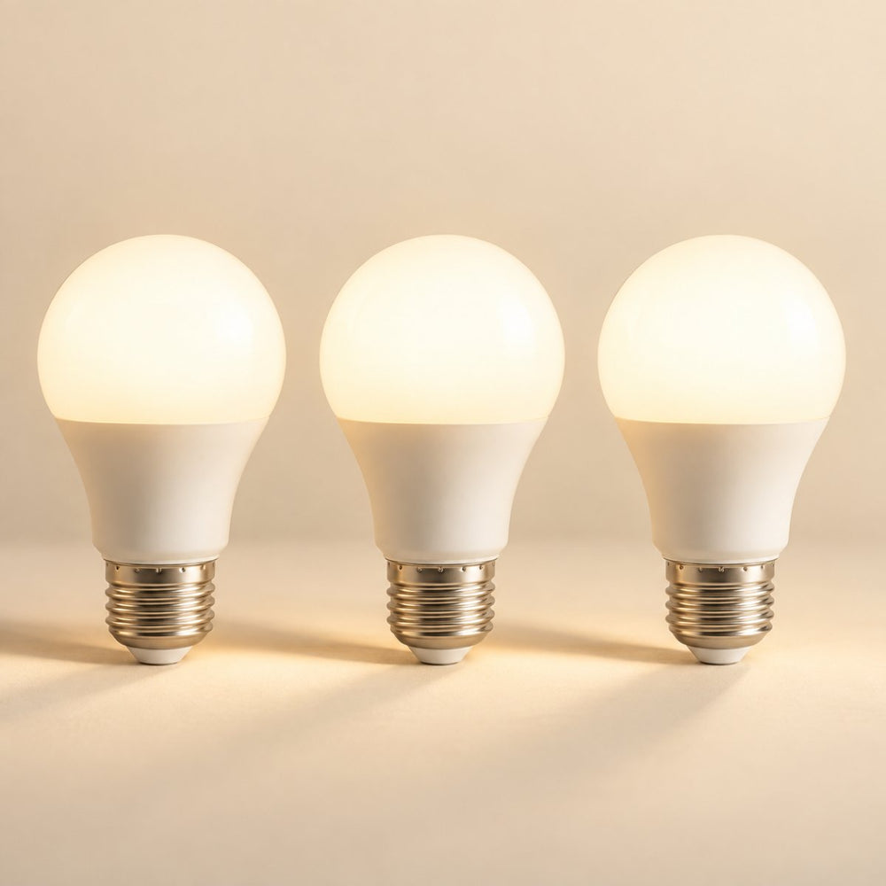 Ampoule LED E27 blanc chaud, lot de 3, lumière douce 2700 K - trois ampoules led e27 blanc chaud fond creme