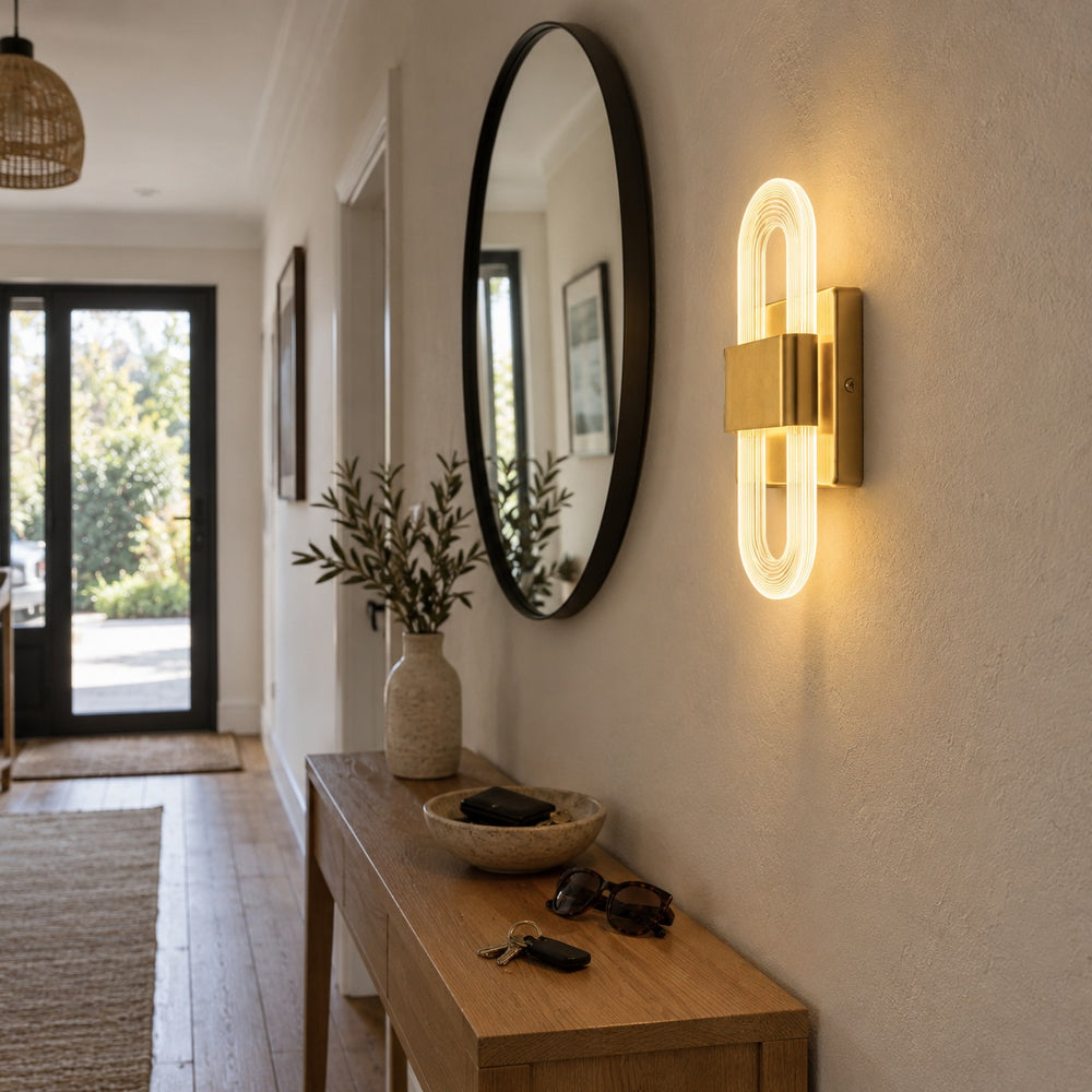 Applique murale chambre tête de lit LED, lumière chaude - v8 entree avec console et miroir rond #dore