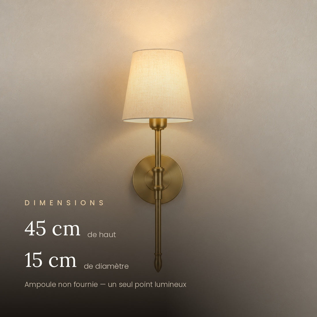 Applique murale chambre abat-jour tissu doré, style campagne - v9 dimensions 45 cm de haut