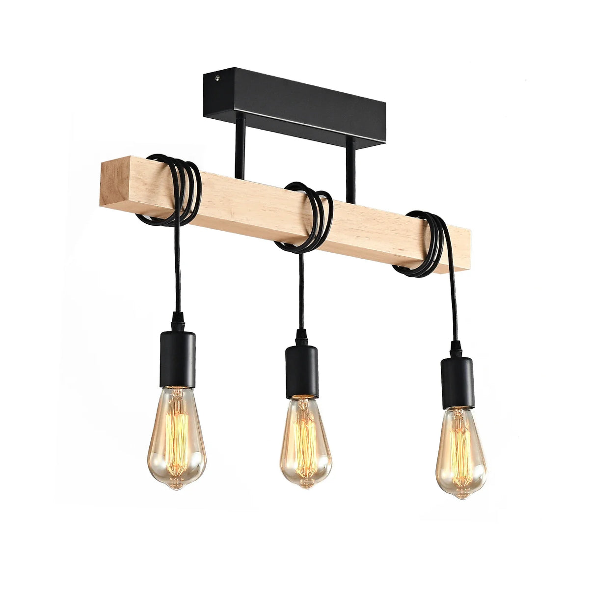 Suspension rectangulaire en bois au-dessus d'une table de salle à manger