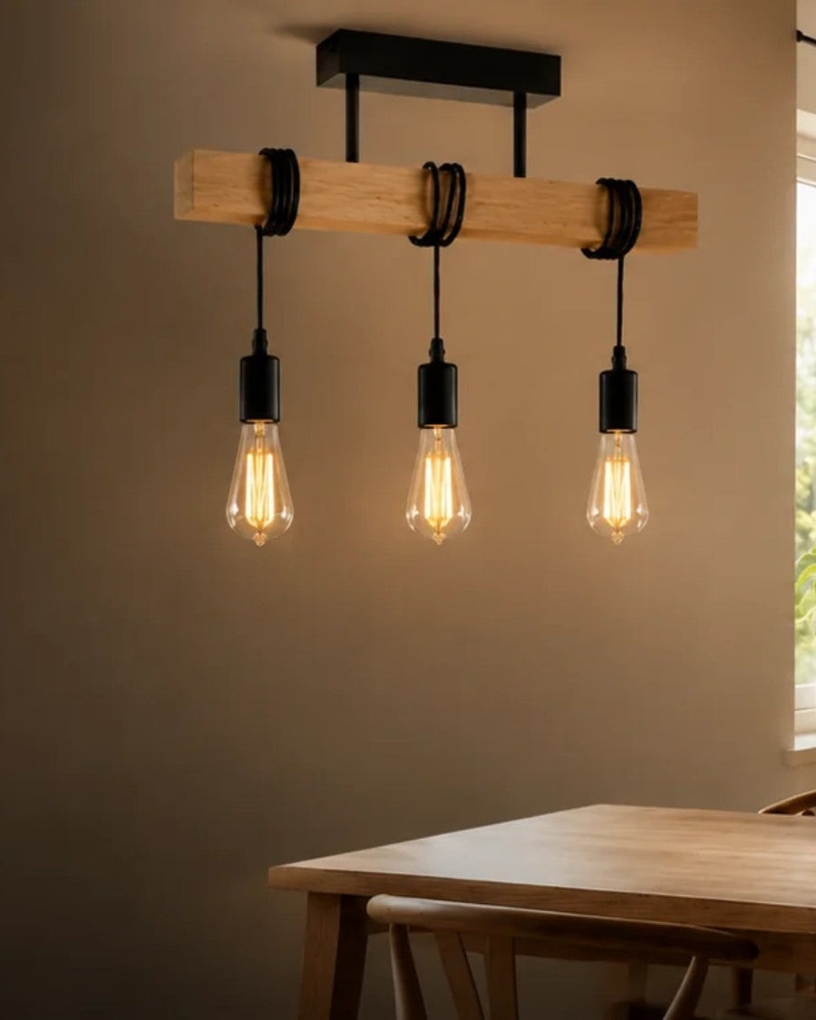 Suspension barre en bois à trois ampoules Edison — Maison Alméa