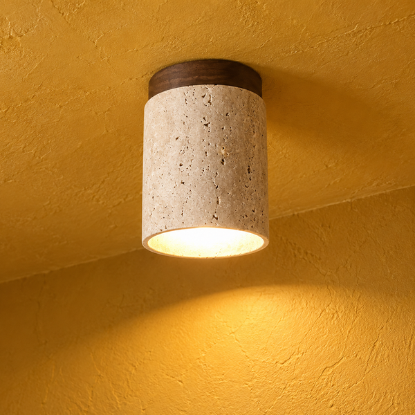 Deckenleuchte Spot aus Travertin und Holz, Flur und Eingangsbereich, Ø 12 cm