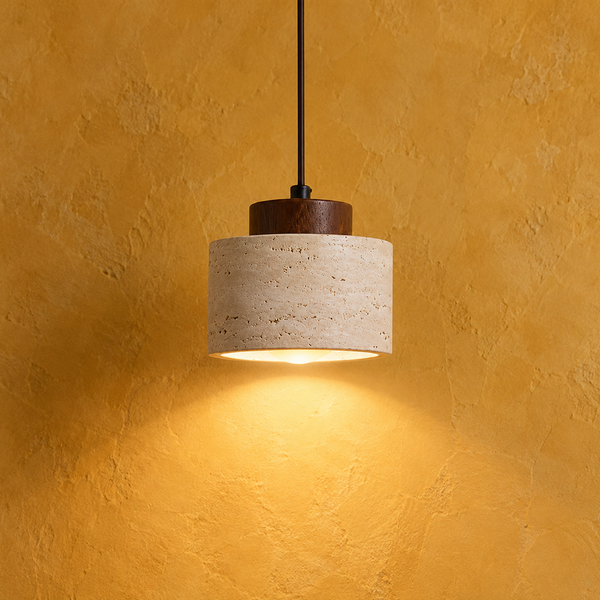 Zylindrische Pendelleuchte aus Travertin, Baldachin Nussbaum, Kochinsel und Nachttisch, Ø 12 cm