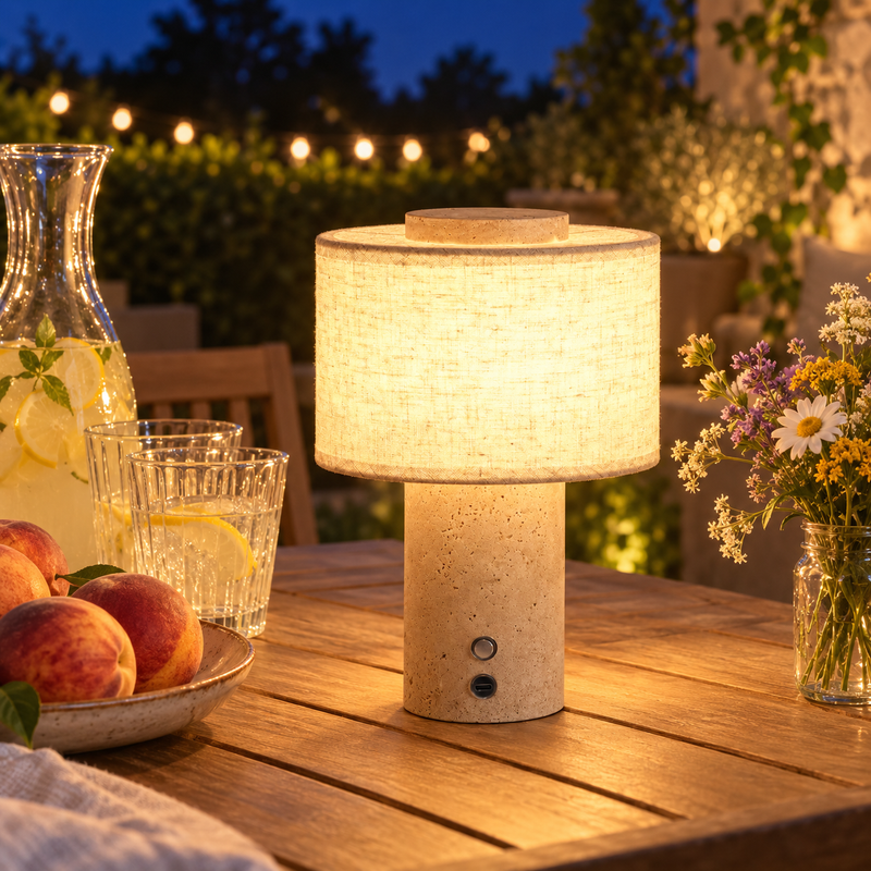 Lampe de chevet sans fil en travertin et lin