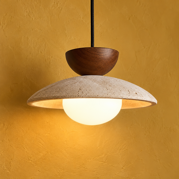 Pendelleuchte Scheibe aus Travertin und Holz, Esszimmer, Ø 21 cm