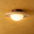 Plafonnier en travertin et bois, globe opalin
