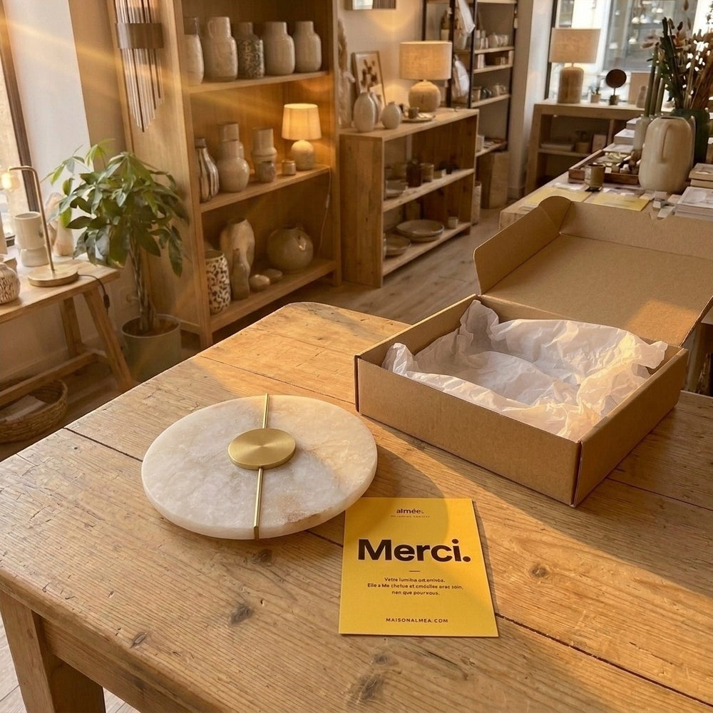 Applique en albâtre et laiton doré de 20 cm posée sur une table de boutique, à côté de son carton et de la carte Merci #or