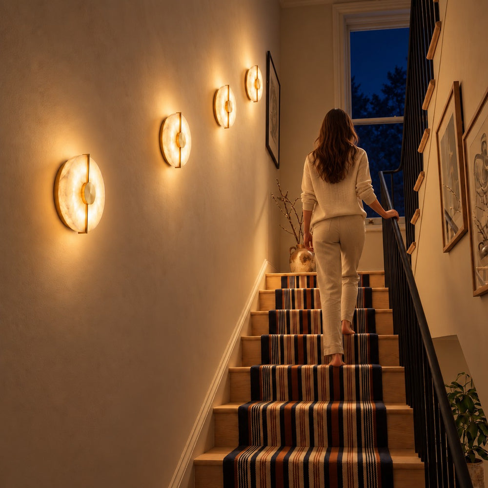 Applique murale chambre en marbre, pierre naturelle, blanc albâtre - alba nuit escalier #or
