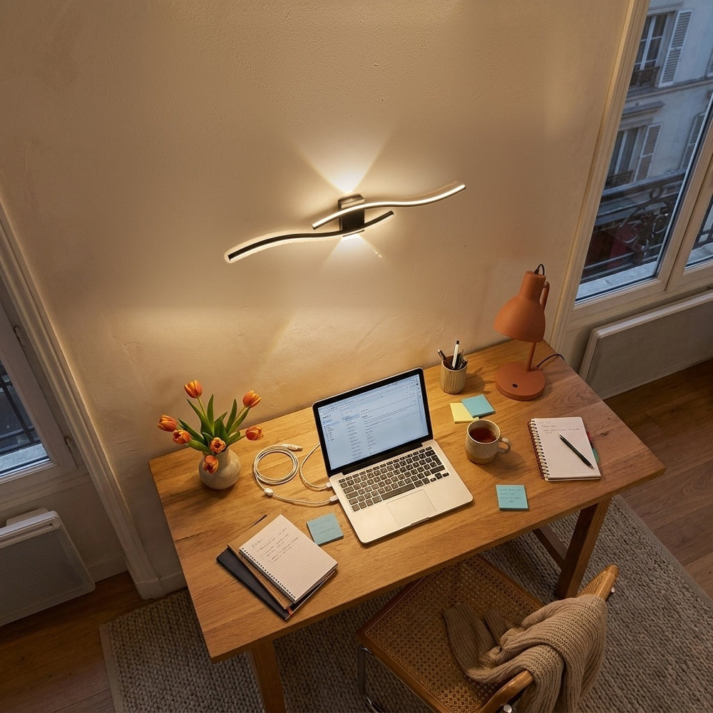 Applique murale salon LED, design moderne et simple - applique vague noire bureau vue plongeante #noir