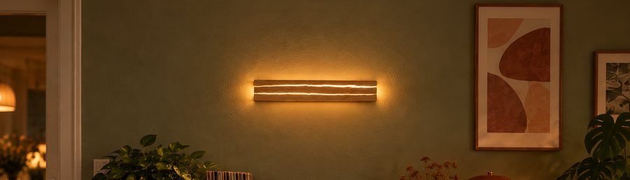 Wandleuchte Wohnzimmer aus Holz mit LED, nordischer Stil, allumée le soir