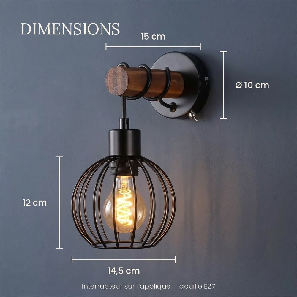 Applique murale chambre en bois, interrupteur, style industriel - bois cage 05 dimensions platine 10 cm cage 14 5 cm