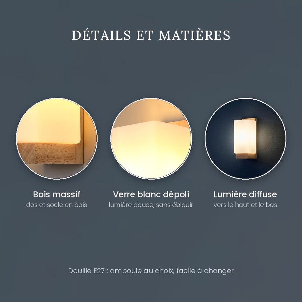 Applique murale salon en bois, moderne, douille E27 - bois carre 09 zooms bois et verre depoli #carre