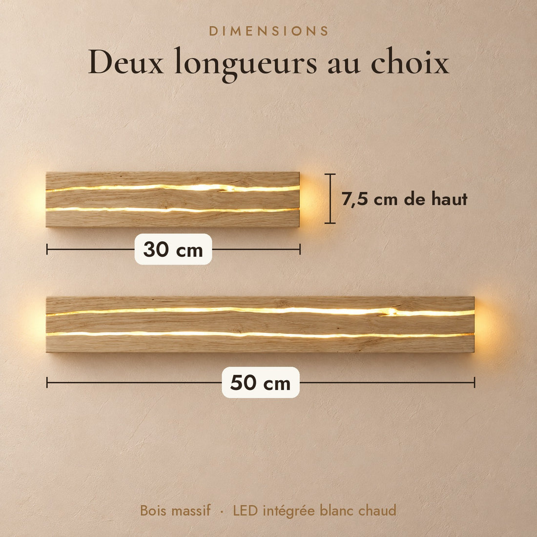 Applique murale salon en bois LED, style nordique - bois craquele vic 05 dimensions 30 et 50 cm