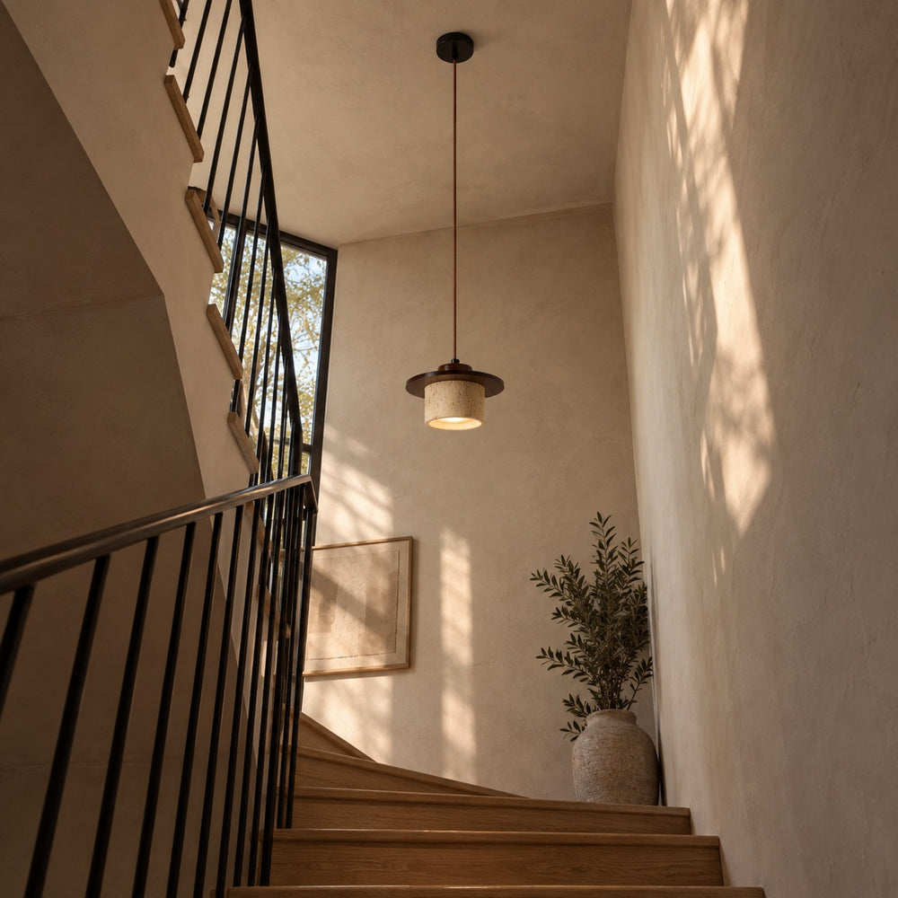 Suspension salon travertin et bois, salle à manger, Ø 20 cm - cage d escalier vue en contre plongee