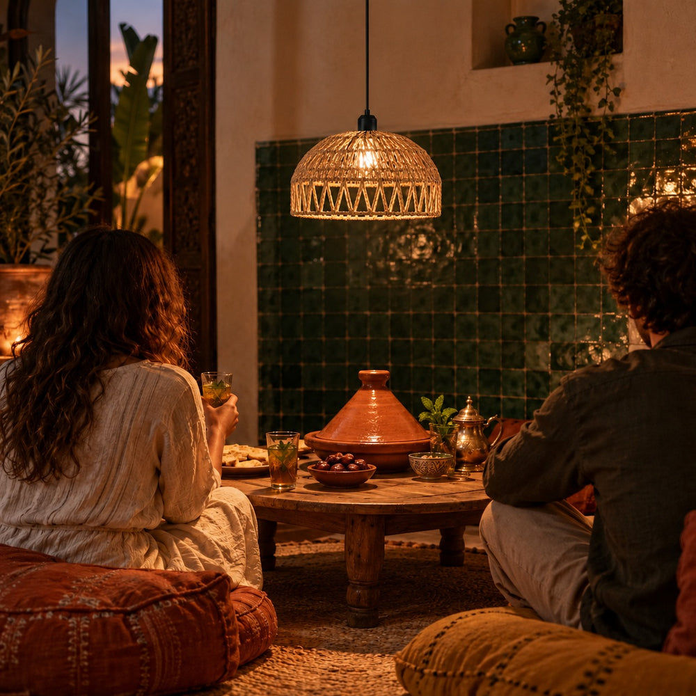 Suspension japonaise salon en rotin tressé, dôme fibres naturelles - dome corde diner ambiance marocaine