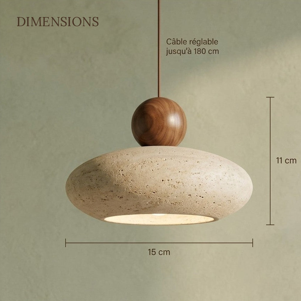 Suspension salon travertin, japonaise wabi-sabi, pierre Ø 15 cm - japonaise dimensions plein cadre