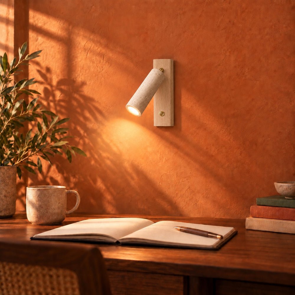Applique murale liseuse travertin et bois, tête orientable - lio c bureau terracotta #bois-clair