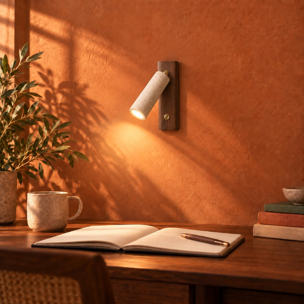 Applique murale liseuse travertin et bois, tête orientable - lio n bureau terracotta #noyer