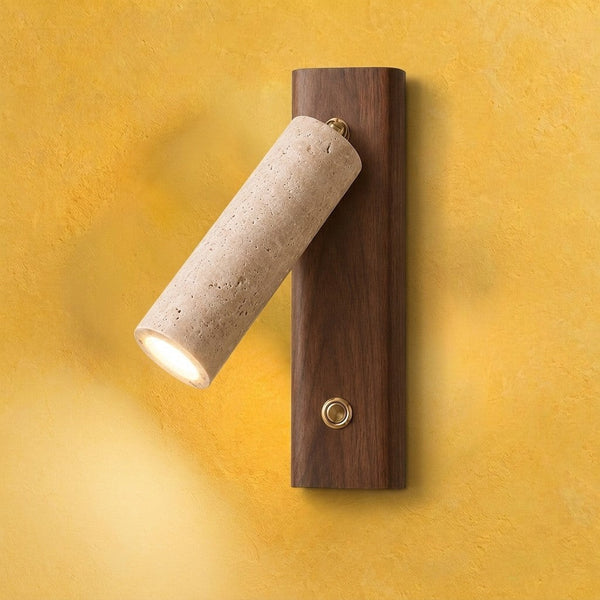 Wand-Leseleuchte aus Travertin und Holz, schwenkbarer Kopf