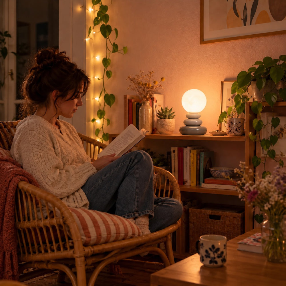 Lampe à poser galets empilés en céramique grise, globe effet lune #gris
