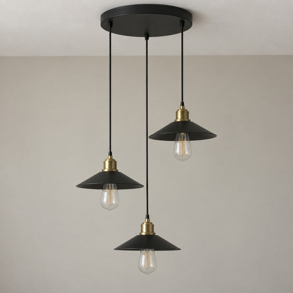 Lustre salon 3 lumières métal noir, vintage, douille E27 - lustre 3 tetes eteint vue de face