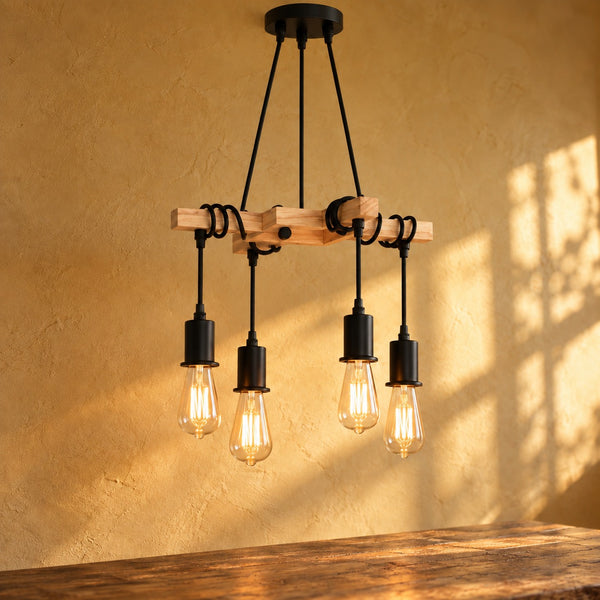 Vintage-Kronleuchter Wohnzimmer aus Holz und schwarzem Metall, Fassung E27