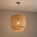 Plafonnier rotin et bambou tissé main, salon, Ø 30 cm - plafonnier bambou allume vue de face