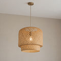 Plafonnier rotin et bambou tissé main, salon, Ø 30 cm - plafonnier bambou vue de cote